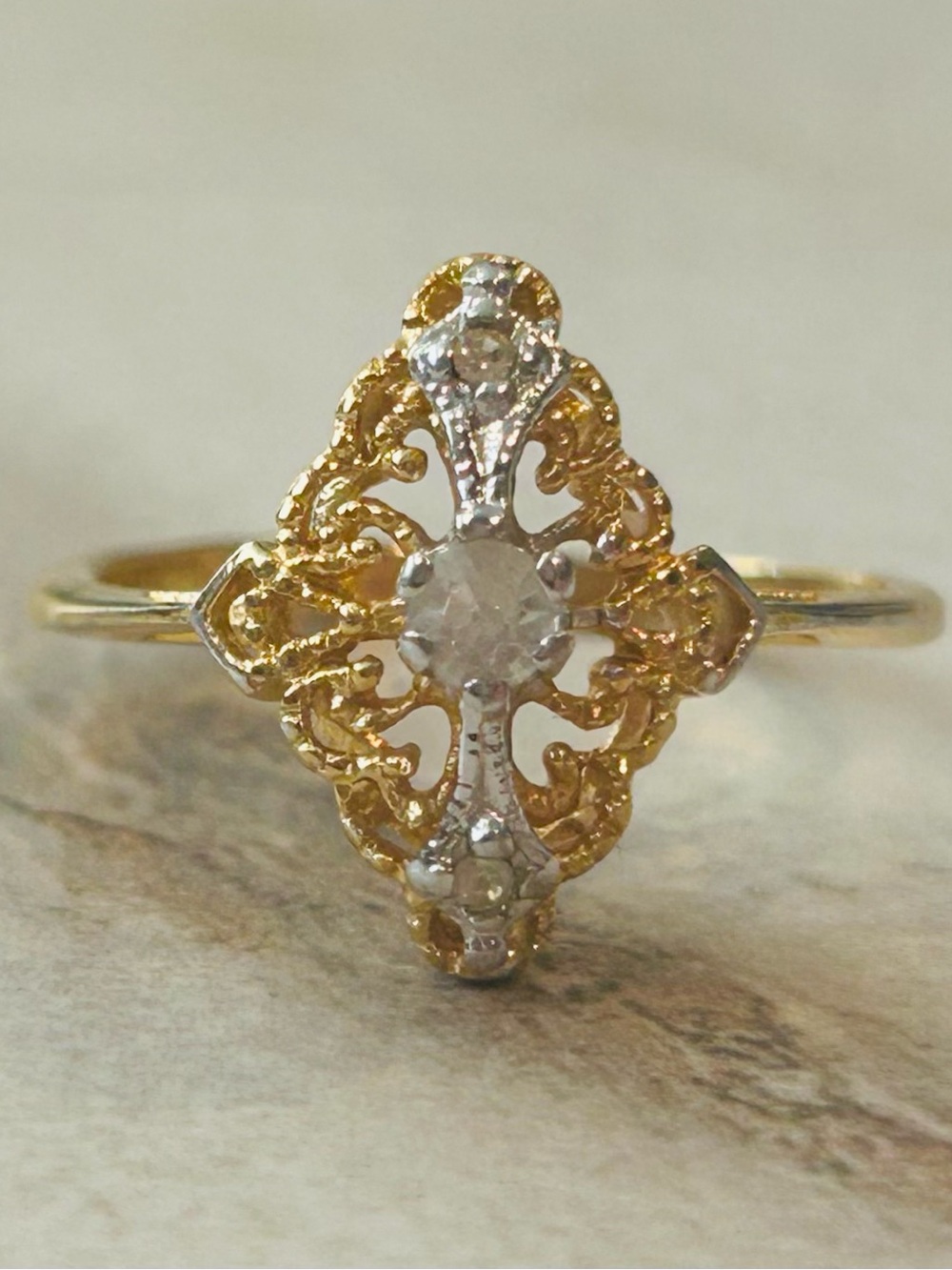 Vintage Mixed Metals Filigree Ring with Clear Stones
